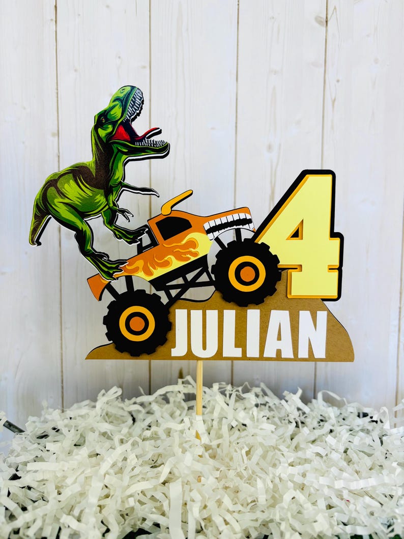 El Toro Loco Monster Truck with T-Rex dinosaur cake topper