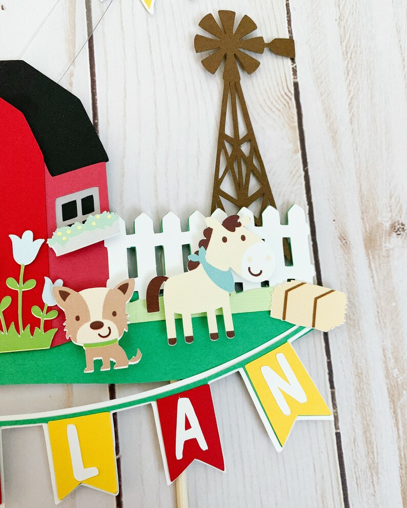 tractor and barn cake topper, barnyard birthday decorations, farm animals decorations, old macdonald had a farm baby shower cake topper image 4