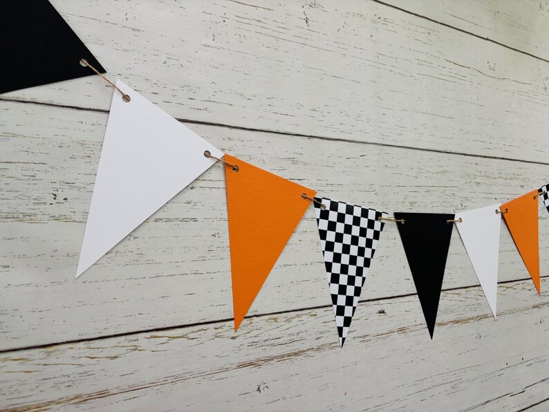Checkered Flag Racing Pennant Banner, Race Car Birthday Decor, Motocross Decorations, Fast One, Two Fast, Winner's Circle, Racing Bedroom Orange