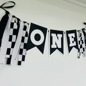race car birthday decorations, black white race car high chair banner, checkered flag racing birthday decor, fast one, two fast, custom