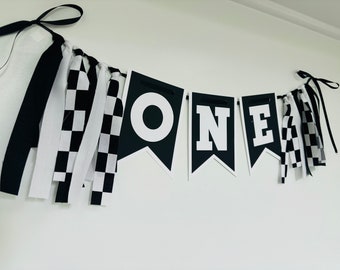 race car birthday decorations, black white race car high chair banner, checkered flag racing birthday decor, fast one, two fast, custom
