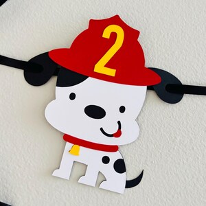 firetruck party decorations featuring firetruck, fire hydrant, fire extinguisher, flame and dalmatian