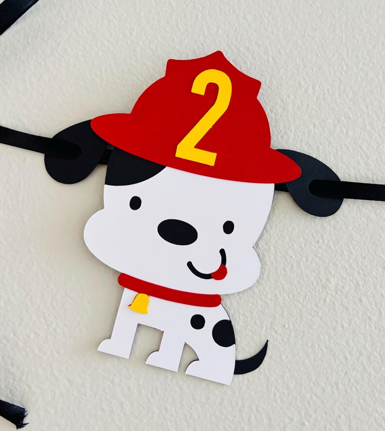 firetruck party decorations featuring firetruck, fire hydrant, fire extinguisher, flame and dalmatian