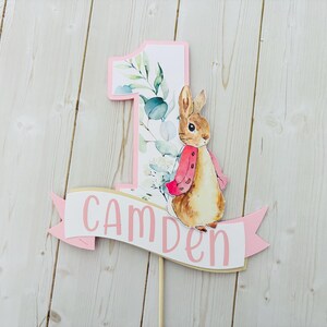 Personalized Peter Rabbit 1st Birthday Cake Topper, Baby Shower, Pink Pink