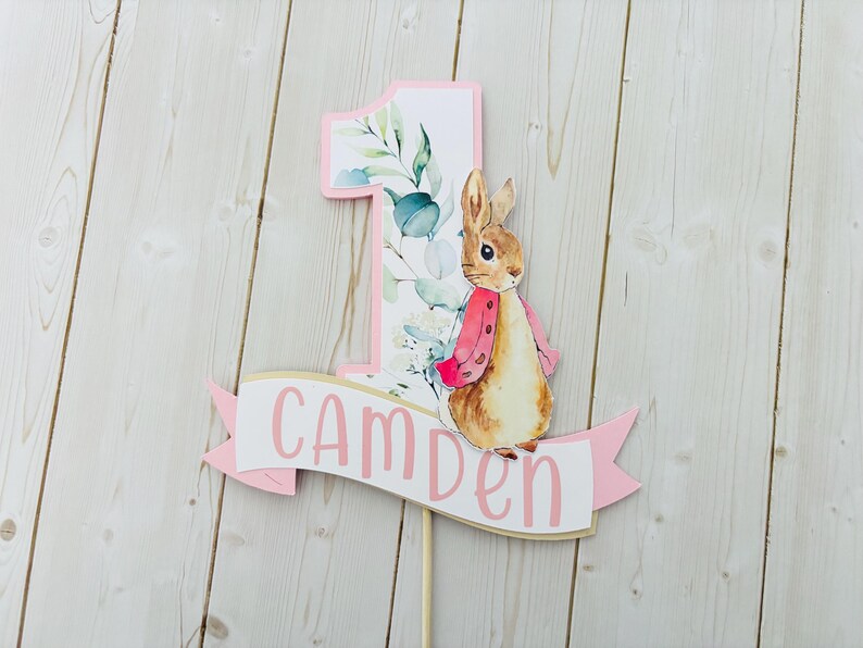 Personalized Peter Rabbit 1st Birthday Cake Topper, Baby Shower, Pink Pink