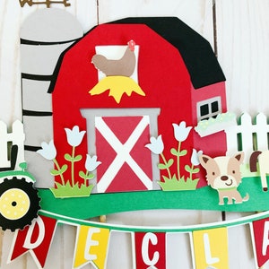 tractor and barn cake topper, barnyard birthday decorations, farm animals decorations, old macdonald had a farm baby shower cake topper image 3