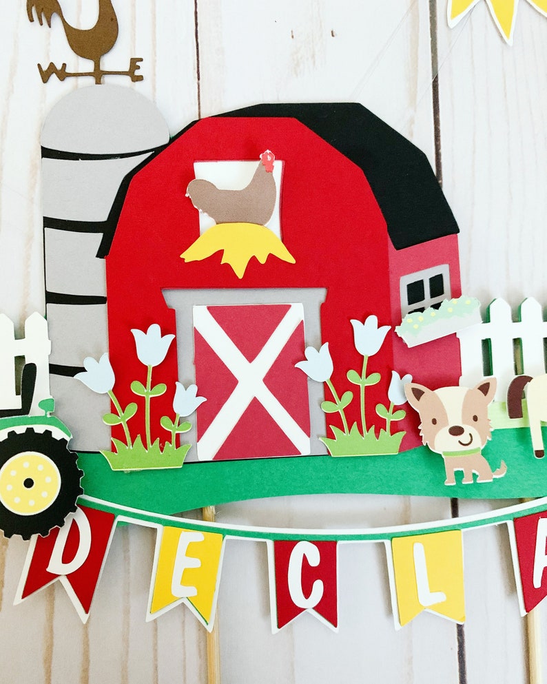 tractor and barn cake topper, barnyard birthday decorations, farm animals decorations, old macdonald had a farm baby shower cake topper image 3