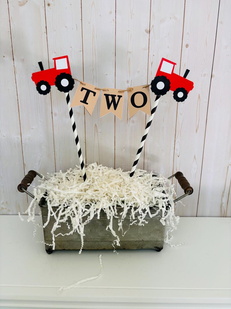red tractor birthday decorations, barnyard birthday decorations, green tractor cake topper, old macdonald had a farm baby shower cake topper image 1