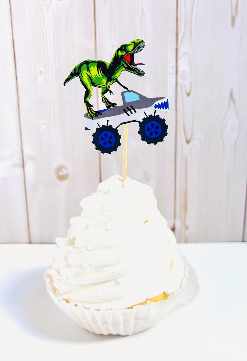 monster truck and t-rex cupcake toppers featuring dragon, megalodon, el toro loco, tornado and grave digger
