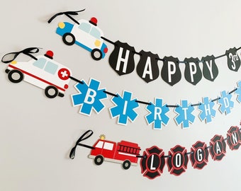 first responders birthday decorations, firetruck police ambulance birthday decorations, emergency vehicles, firefighter, police officer