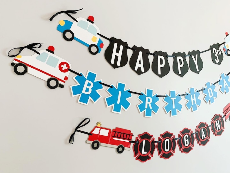first responders emergency vehicle happy birthday banner featuring police car and badges, EMT ambulance and emblem, firetruck and fire emblem
