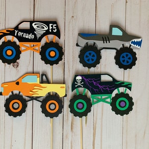 monster jam inspired truck cutouts that include grave digger, megladon, el toro loco, tornado and dragon