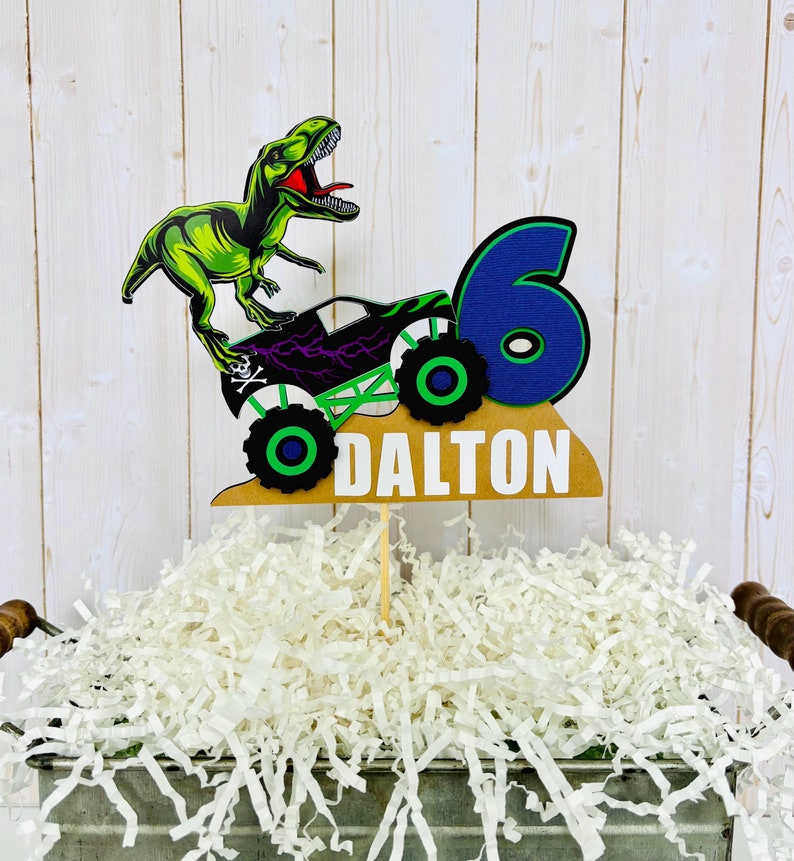 Monster Jam Inspired Grave Digger T-Rex Dinosaur birthday cake topper