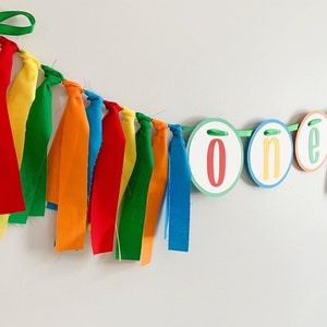 Let's have a ball, It's a ball to be one high chair banner featuring primary colors