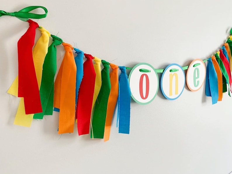 Let's have a ball, It's a ball to be one high chair banner featuring primary colors