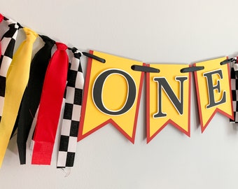 racing fast one high chair banner, red race car birthday decor, checkered flag banner, cake smash, fast one, two fast, custom racing banner