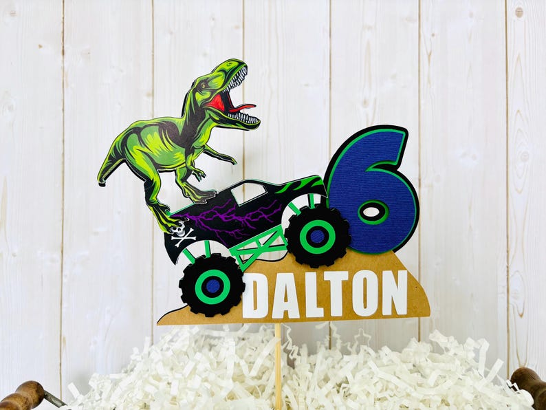 Monster Jam Inspired Grave Digger T-Rex Dinosaur birthday cake topper