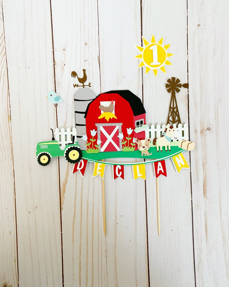 tractor and barn cake topper, barnyard birthday decorations, farm animals decorations, old macdonald had a farm baby shower cake topper image 1