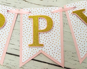 Pink and Gold Hearts Happy Birthday Banner, Personalized Party Decor