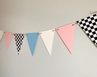 Burnout Or Bows Nobody Knows Gender Reveal Pennant Banner, pink blue racing checkered flag pennant banner, fast one, racing baby shower