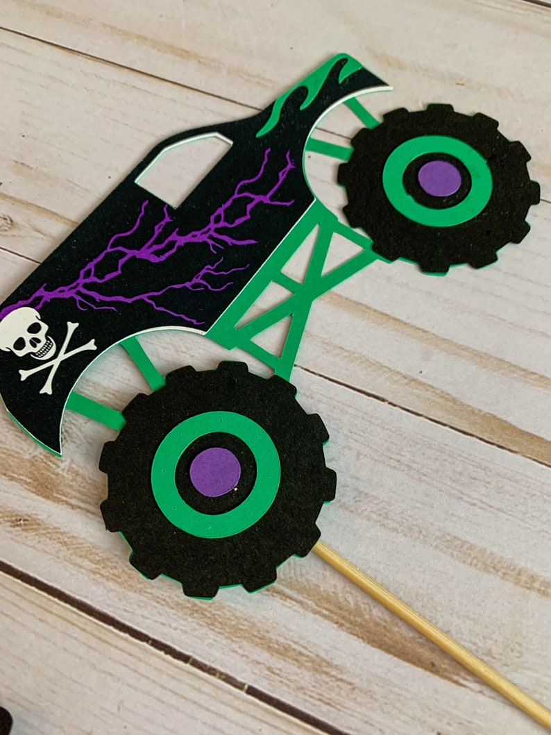 monster jam inspired truck cutouts that include grave digger, megladon, el toro loco, tornado and dragon