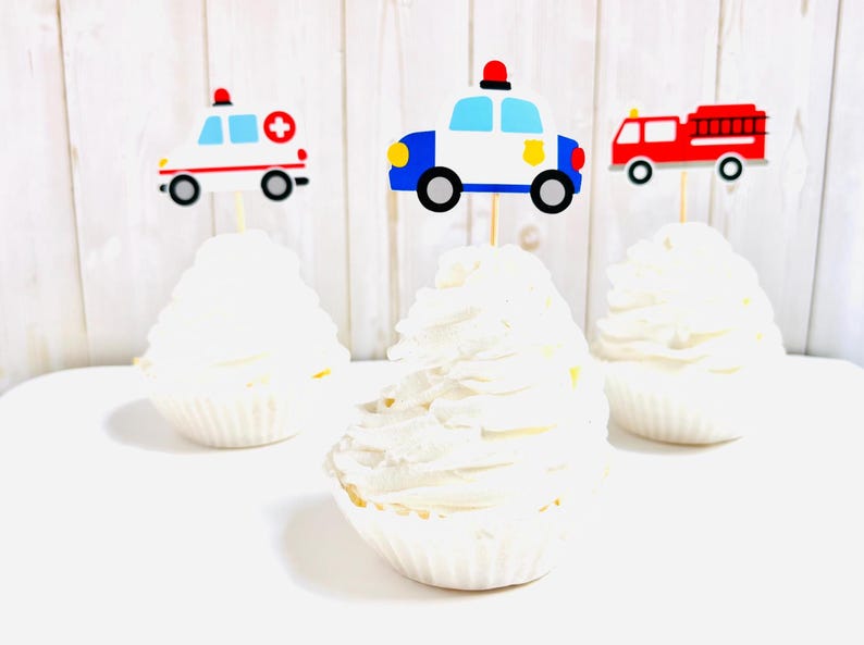 emergency vehicles cupcake toppers that include firetrucks, ambulances and police cars