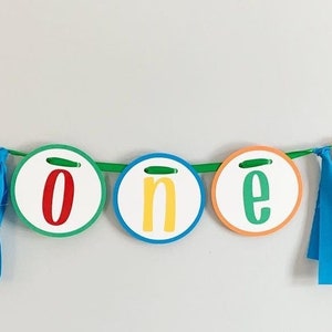 Let's have a ball, It's a ball to be one high chair banner featuring primary colors