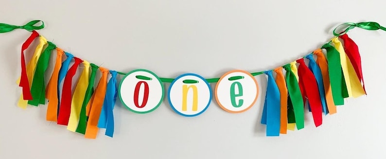 Let's have a ball, It's a ball to be one high chair banner featuring primary colors