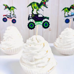 monster truck and t-rex cupcake toppers featuring dragon, megalodon, el toro loco, tornado and grave digger