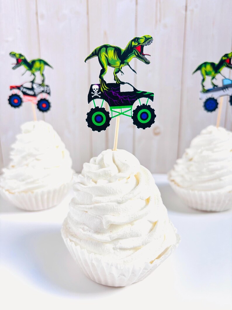 monster truck and t-rex cupcake toppers featuring dragon, megalodon, el toro loco, tornado and grave digger