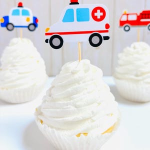 emergency vehicles cupcake toppers that include firetrucks, ambulances and police cars