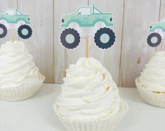 Monster Truck Cupcake Toppers, Monster Truck Birthday Decorations, Pastel Monster Trucks, Pink Monster Truck Party, Monster Truck Rally