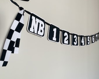 race car first birthday party, racing birthday banner, race car birthday party decorations, checkered flag birthday, monthly photo banner