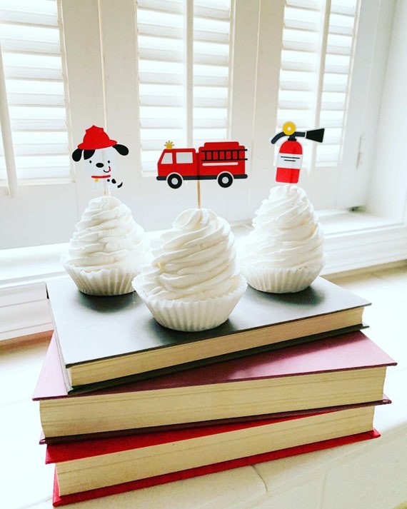 Firetruck cupcake toppers * Firetruck party * Firetruck birthday party decorations * Firefighter birthday * Firefighter baby shower* fireman Il_570xn