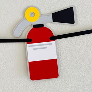 firetruck party decorations featuring firetruck, fire hydrant, fire extinguisher, flame and dalmatian