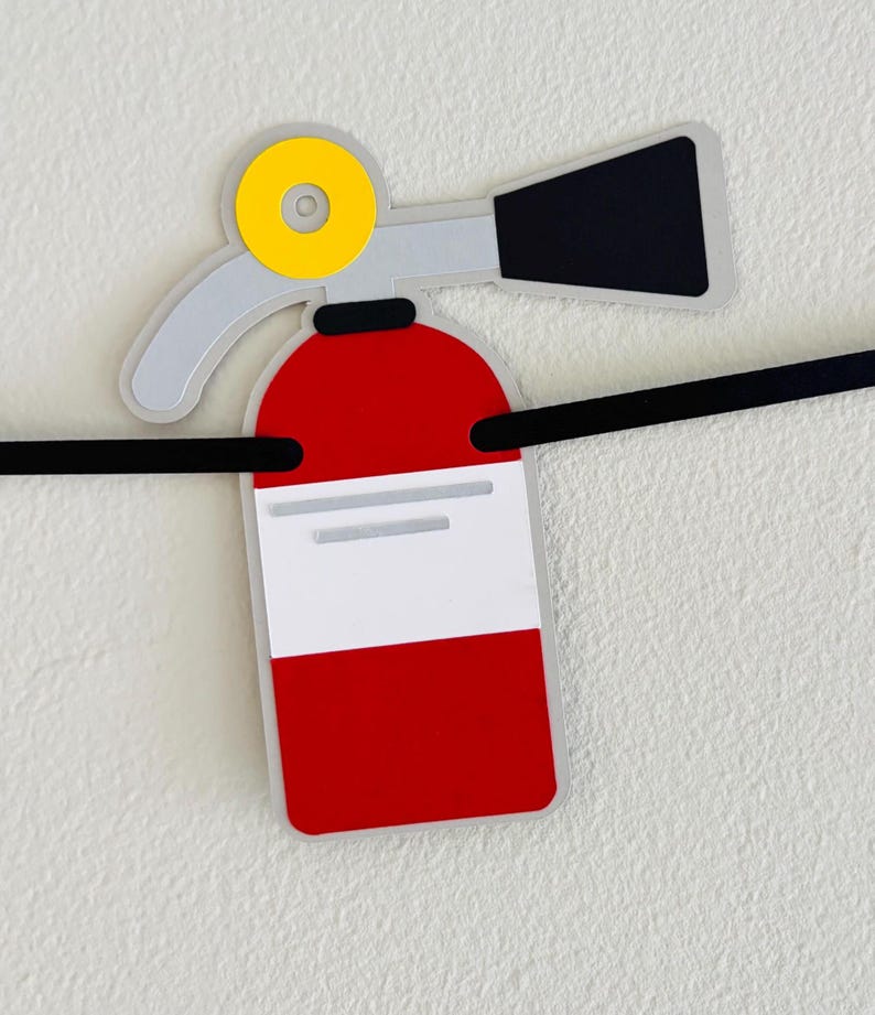 firetruck party decorations featuring firetruck, fire hydrant, fire extinguisher, flame and dalmatian