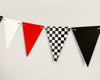 red dirt bike birthday decorations, motocross birthday decorations, checkered flag racing pennant banner