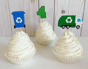 garbage truck birthday, recycling truck birthday, garbage recycling truck birthday, recycle truck decorations, recycling cupcake toppers