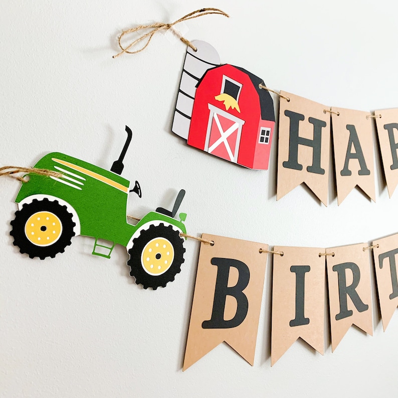 red tractor birthday decorations, red tractor barnyard birthday decorations, tractor barn birthday banner, old macdonald birthday decoration image 1
