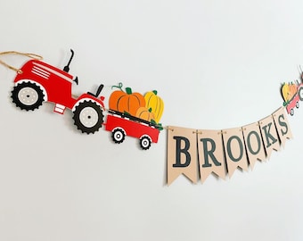 personalized tractor pumpkin birthday banner, pumpkin patch birthday, fall decorations, custom phrase tractor pull pumpkin hay ride banner