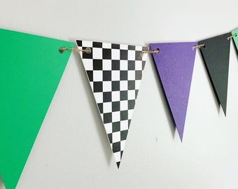 Monster Jam Truck Birthday Decor, Monster Truck Banner, Checkered Flag Racing Banner, Grave Digger inspired pennant banner birthday decor