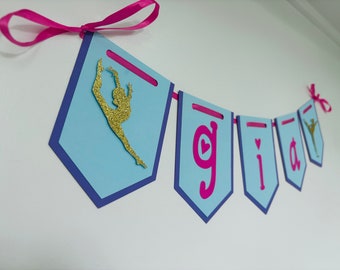 Gymnastics Birthday Banner - Purple Pink Blue Glitter Happy Birthday Sign For Girl's Gymnast Party - View #7