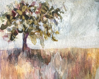 Original Landscape with Oak Tree Painting Contemporary Landscape Small Watercolor Mixed Media Paper