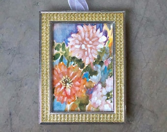 Watercolor Mini Painting Ornament in Jeweled Frame, Flowers Painting, Floral Artist, Original Signed Artwork, 2.5" x 3" art in 3" x 4" frame