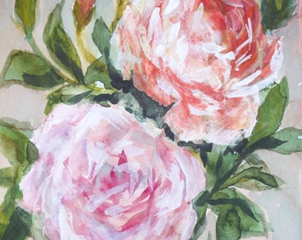 Original Mixed Media Painting on Paper, Roses, Floral Painting, Watercolor, Acrylic Painting