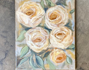 Original Anstract Floral Roses Painting, Flowers, "Moonlit Roses" Acrylic on Canvas, Romantic Home Interiors, Soft Colors, 10" x 8"