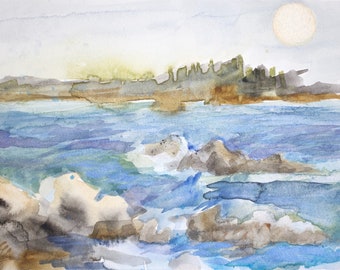 Original Seascape Painting, Watercolor on Aquaboard, Coastal Decor, Carmel California, Iridescent Watercolor, 5" x 7"