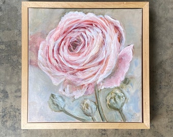 Original Framed Ranunculus Painting, Acrylic on Canvas , Pink Floral, Maple Wood Frame, Persian Buttercup Flowers, Soft Colors,  12" x 12"