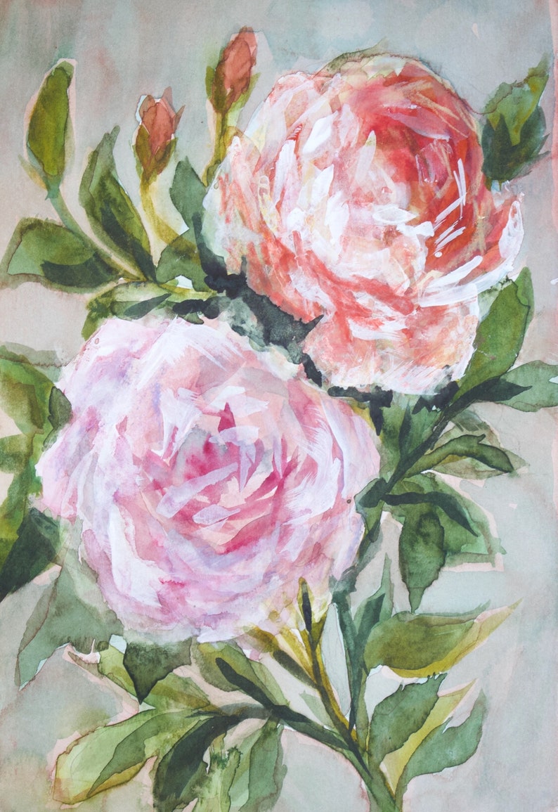 Original Mixed Media Painting on Paper, Roses, Floral Painting, Watercolor, Acrylic Painting image 1