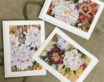 Peony Painting Art Cards Set,  Botanical Blank Notecards, Floral Greeting Cards